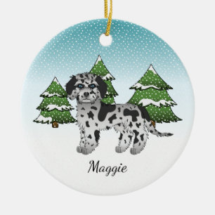Blue Merle Mini Goldendoodle - Winter Forest Ceramic Ornament