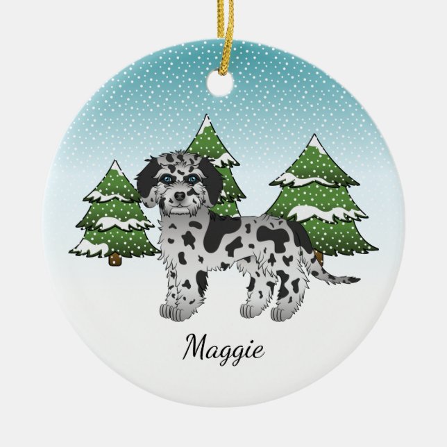 Blue Merle Mini Goldendoodle - Winter Forest Ceramic Ornament (Front)