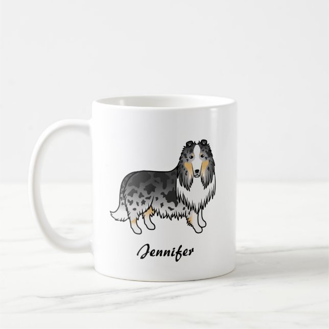 Blue Merle Rough Collie Cute Cartoon Dog & Name Coffee Mug (Left)