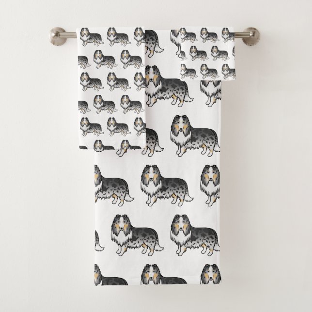 Blue Merle Rough Collie Cute Cartoon Dog Pattern Bath Towel Set (Insitu)