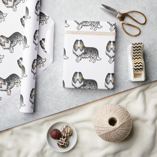 Blue Merle Rough Collie Cute Cartoon Dog Pattern Wrapping Paper (Crafts)