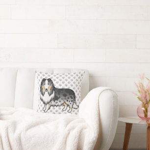 Blue Merle Rough Collie Cute Cartoon Dog & Paws Throw Pillow