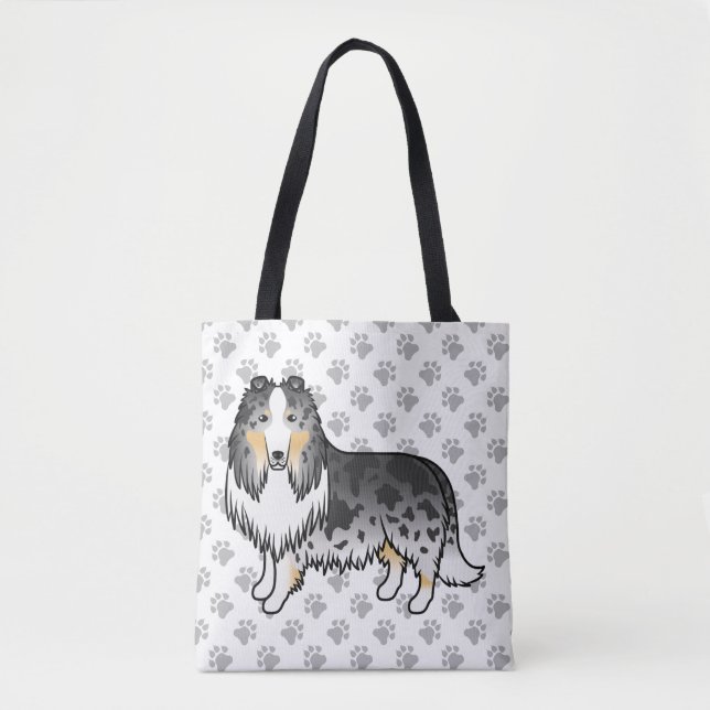 Blue Merle Rough Collie Cute Cartoon Dog & Paws Tote Bag (Front)