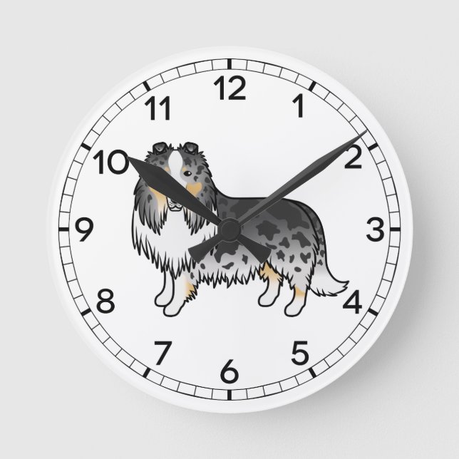 Blue Merle Rough Collie Cute Cartoon Dog Round Clock (Front)