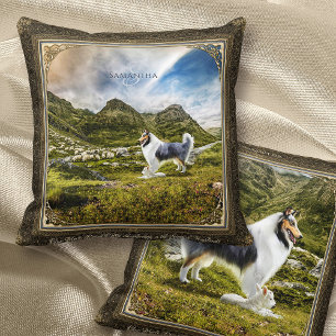 Blue Merle Rough Collie in Scottish Highlands - Th Throw Pillow