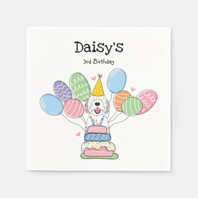 Blue Merle Sheepadoodle Birthday Party Paper Napkin (Front)