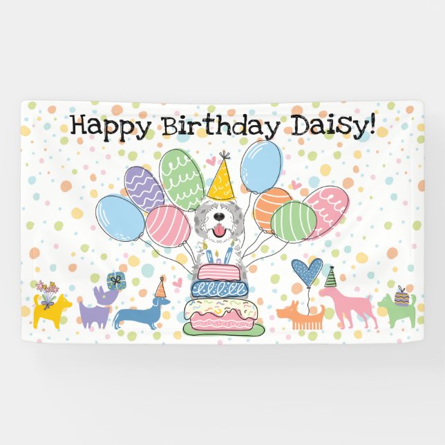 Blue Merle Sheepadoodle Dog  Birthday Party Banner (Horizontal)