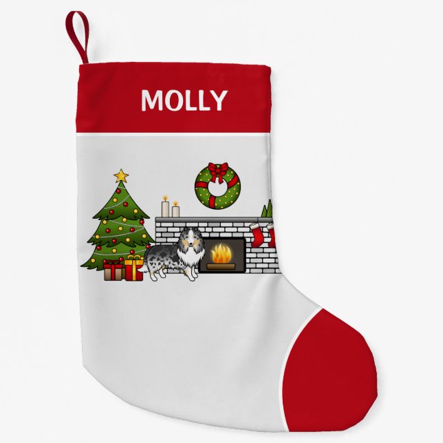 Blue Merle Sheltie Dog In A Christmas Room & Name Small Christmas Stocking (Front)