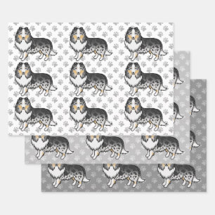 Blue Merle Shetland Sheepdog Cartoon Dog Pattern Wrapping Paper Sheet