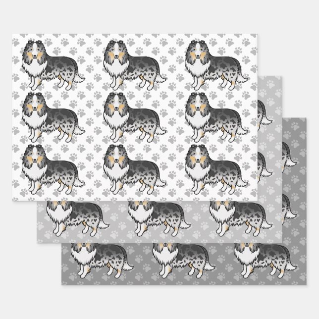 Blue Merle Shetland Sheepdog Cartoon Dog Pattern Wrapping Paper Sheet (Set)