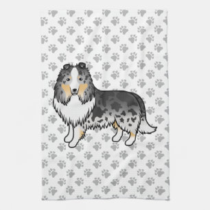 Blue Merle Shetland Sheepdog Cartoon Dog & Paws Kitchen Towel