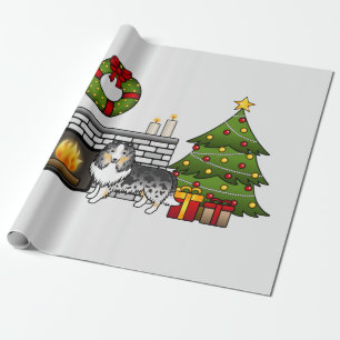 Blue Merle Shetland Sheepdog In A Christmas Room Wrapping Paper