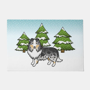 Blue Merle Shetland Sheepdog In A Winter Forest Doormat