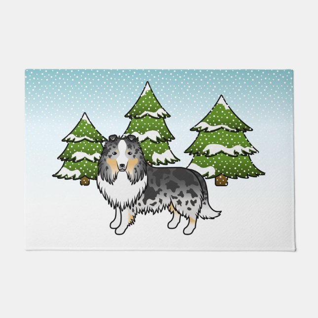 Blue Merle Shetland Sheepdog In A Winter Forest Doormat (Front)