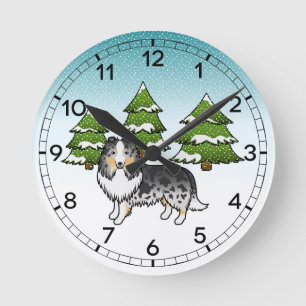 Blue Merle Shetland Sheepdog In A Winter Forest Round Clock