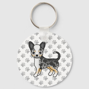 Blue Merle Smooth Coat Chihuahua Dog & Paws Keychain