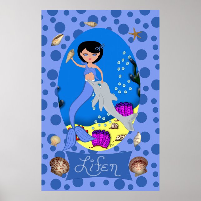 Blue Mermaid and Dolphin Print (Front)