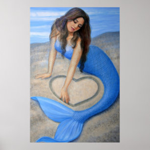 Blue Mermaid Art, Heart in the Sand Poster Imprime