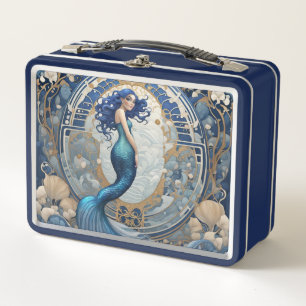 Blue Mermaid Art Nouveau Art Deco Style Metal Lunch Box