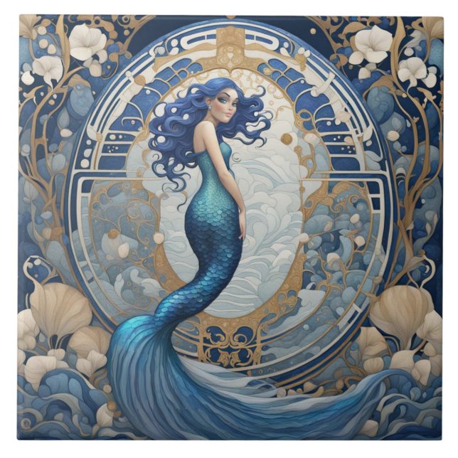 Blue Mermaid Art Nouveau Art Deco Style Tile (Front)