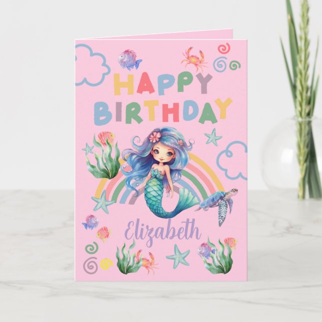 Blue Mermaid Birthday Card in Pink (Front)