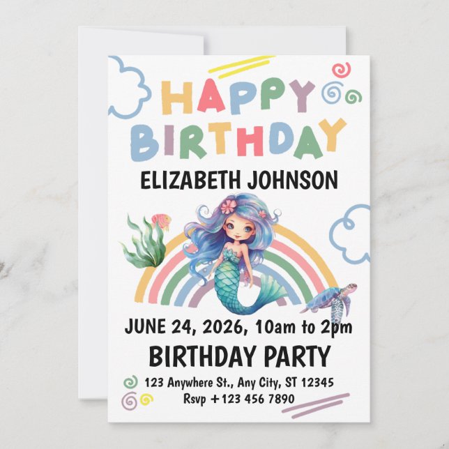 Blue Mermaid Birthday Invitation in White (Devant)