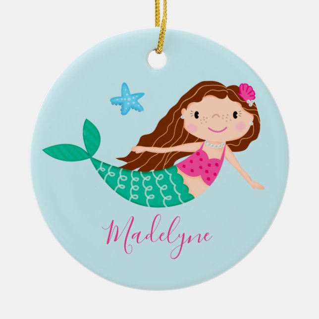 Blue Mermaid Christmas Script Name Ceramic Ornament (Front)
