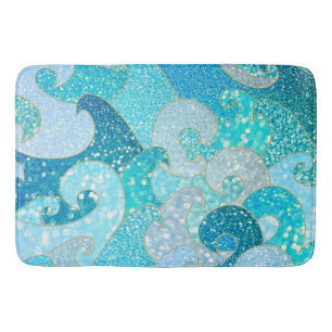 Blue Mermaid Faux Glitter Sea- Teal Gold Ocean Bath Mat