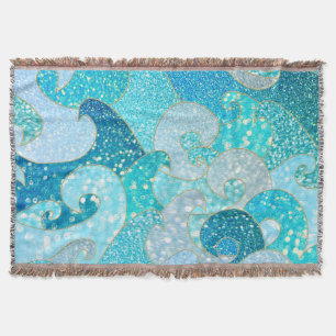 Blue Mermaid Faux Glitter Sea- Teal Gold Ocean Throw Blanket