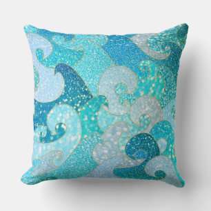 Blue Mermaid Faux Glitter Sea- Teal Gold Ocean Throw Pillow