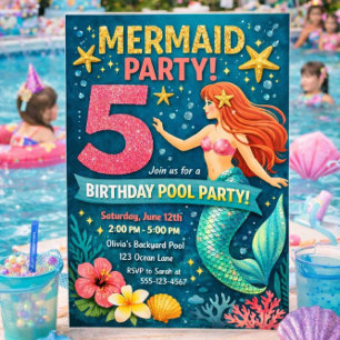 Blue Mermaid Fifth Birthday Invitation