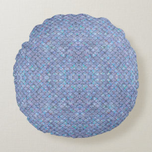Blue Mermaid Fish Scales Holographic Trendy Glam Round Pillow