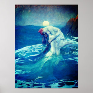 Blue Mermaid Hugging Sailor Art Poster