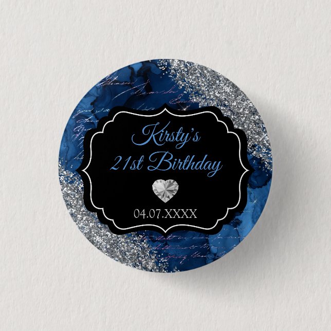 Blue Mermaid Letters Silver Glitter Birthday 1 Inch Round Button (Front)