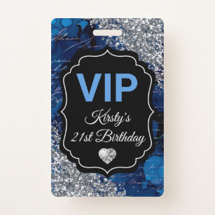 Blue Mermaid Letters Silver Glitter Birthday VIP Badge