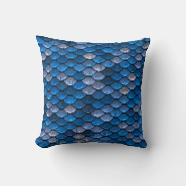 Blue Mermaid Scales Throw Pillow (Front)
