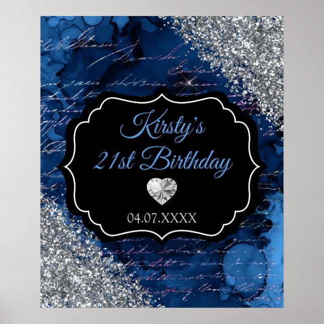 Blue Mermaid Silver Glitter Birthday Sign (Front)