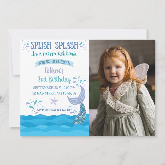 Blue Mermaid Splash Bash Birthday Photo Invitation (Front)
