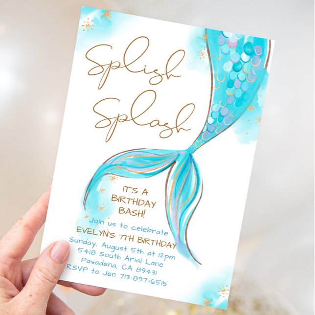 Blue Mermaid Splish Splash Girl Birthday Invitation (Creator Uploaded)