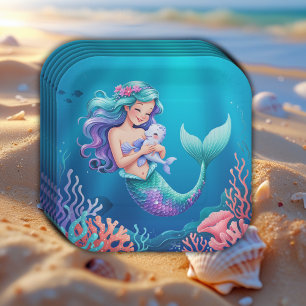 Blue Mermaid Under the Sea Baby Shower Paper Plate