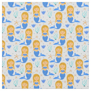 Blue Mermaid Underwater on Pale Blue Fabric