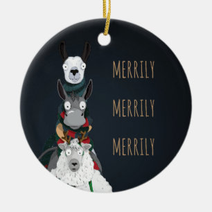 Blue "Merrily Merrily Merrily" Winter Animals Ceramic Ornament