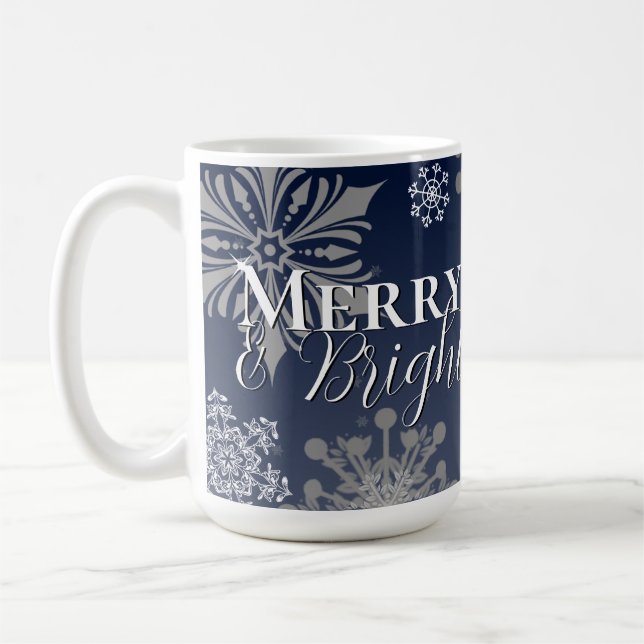 Blue Merry and Bright Snowflakes Christmas Coffee Mug (Left)