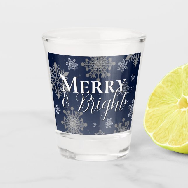 Blue Merry and Bright Snowflakes Christmas Shot Glass (Front)