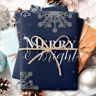 Blue Merry and Bright Snowflakes Christmas Wrapping Paper Sheet