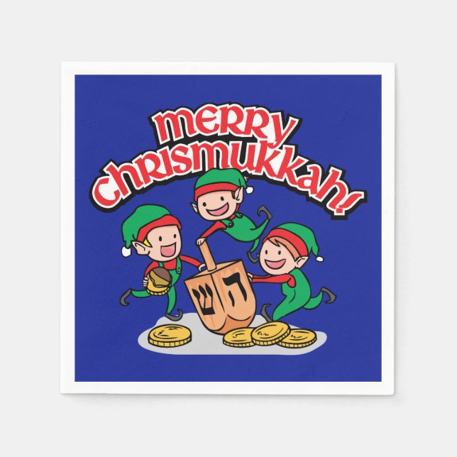 Blue Merry Chrismukkah with Elves and Dreidels Napkin (Front)