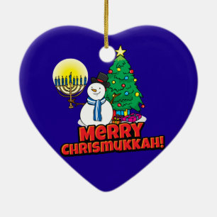 Blue Merry Chrismukkah with Snowman and Menorah Ceramic Ornament