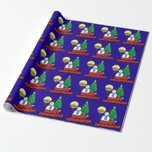 Blue Merry Chrismukkah with Snowman & Menorah Wrapping Paper