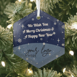 Blue Merry Christmas Business Logo simple decor Glass Ornament