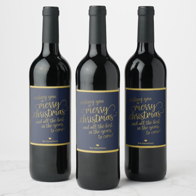 Blue Merry Christmas Gold Script Calligraphy Wine Label (Bottles)